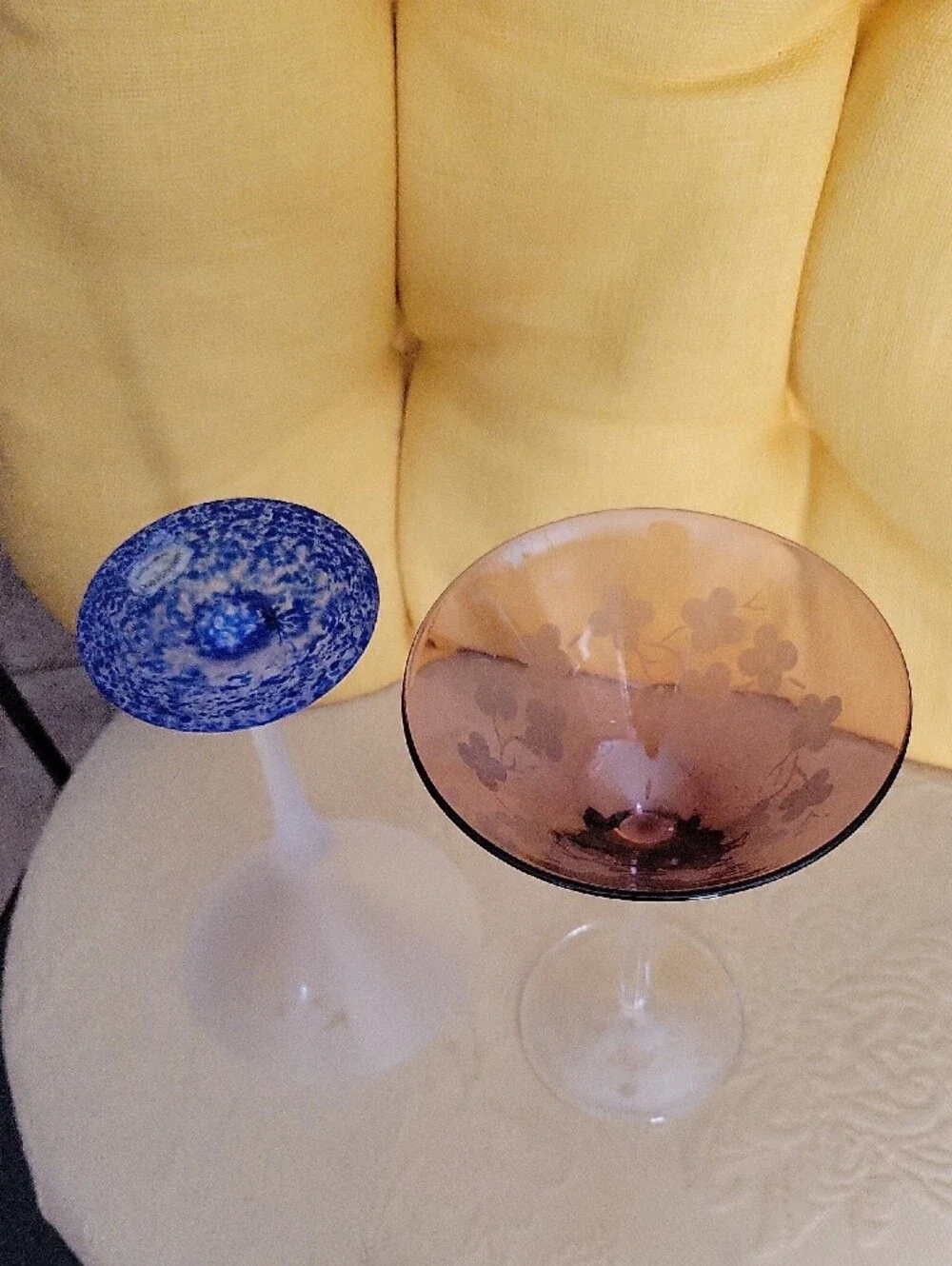 Elegant Blue-Base and Amber Etched Martini Glasses - Set of 2